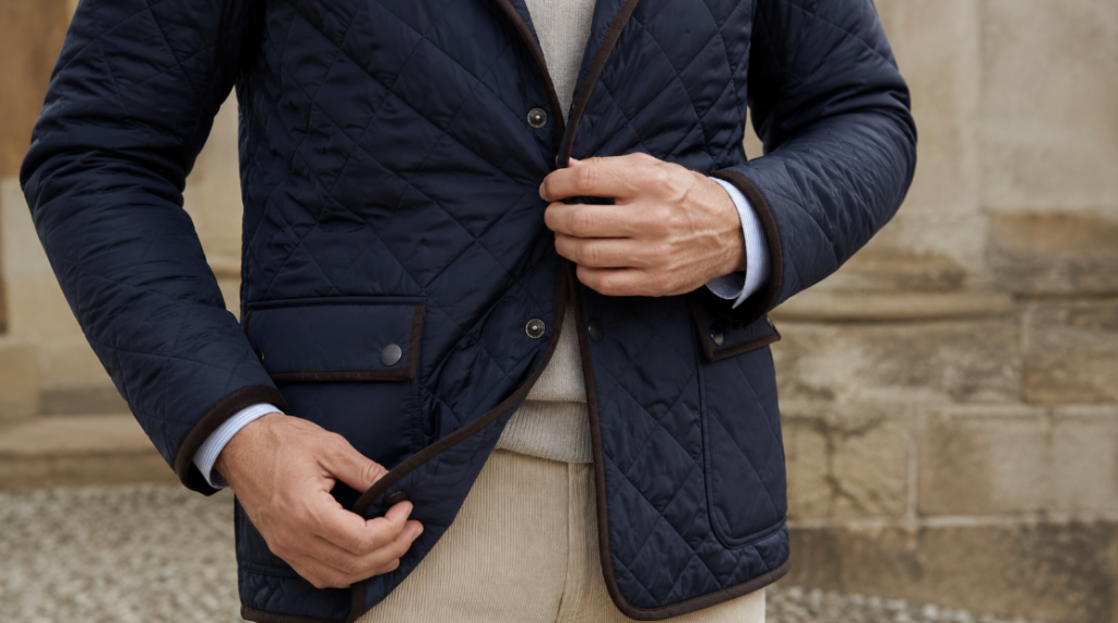Zoom sur une veste Husky bleu marine montrant les bordures gansées et les boutons-pression