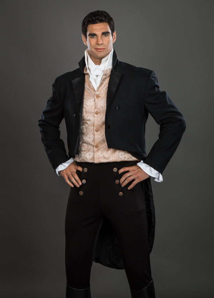 Gentleman anglais vêtu d’une redingote noire et d’un gilet brodé