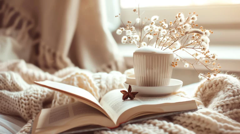 Livre ouvert avec une tasse et des fleurs séchées, symbolisant l'art de vivre et la réflexion esthétique