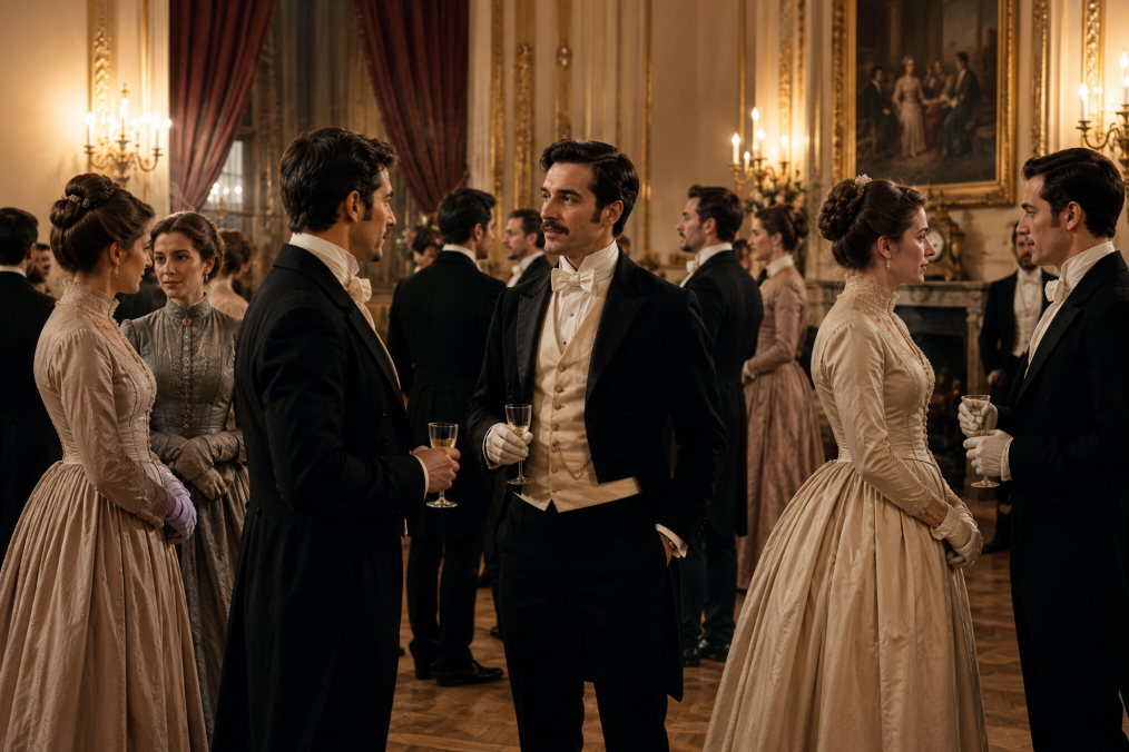 Gentlemen en tenue de soirée lors d’une réception à l’époque victorienne