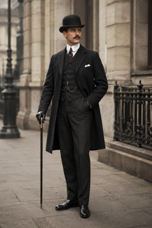 Gentleman édouardien en costume trois-pièces, manteau sombre, chapeau melon et canne