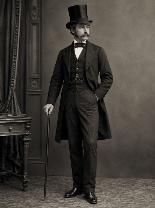 Gentleman victorien en redingote sombre, gilet, haut-de-forme et canne