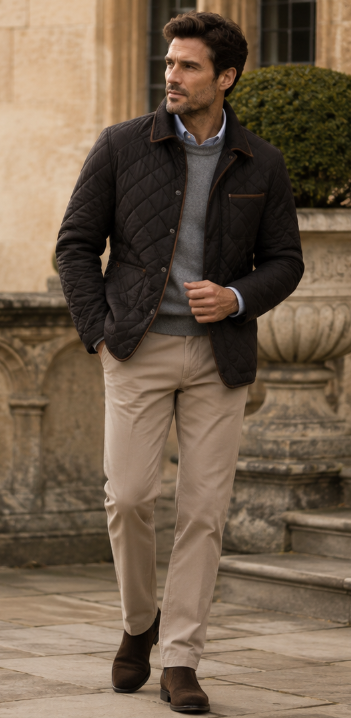Homme portant une veste matelassée brun foncé avec un chino clair et un pull fin