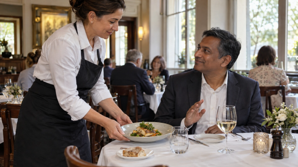 Serveuse déposant un plat devant un client dans un restaurant