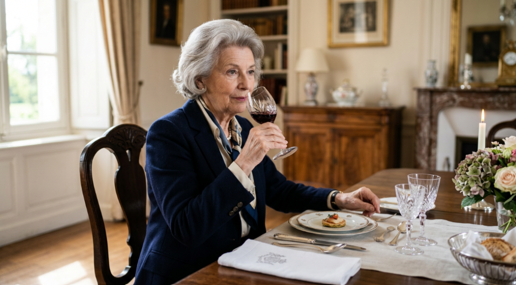 Femme élégante dégustant un verre de vin lors d'un repas