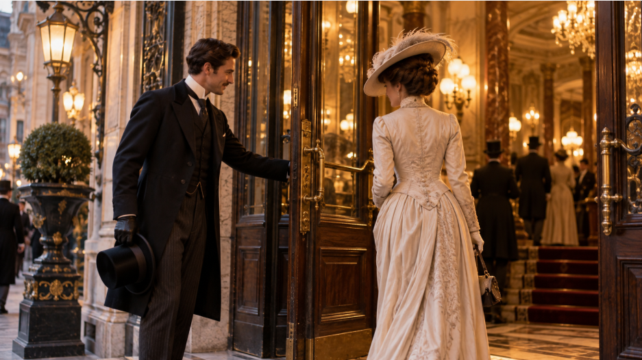 Gentleman tenant la porte à une femme à la Belle Époque