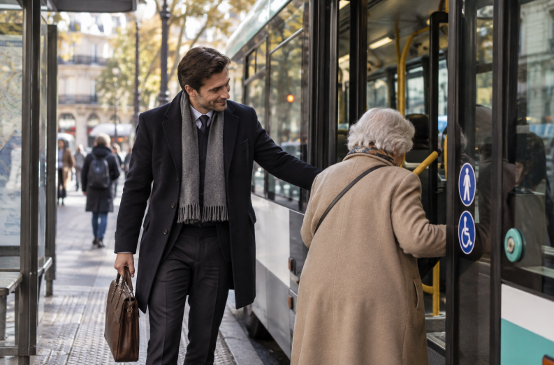 Gentleman aidant une personne âgée à monter dans un bus