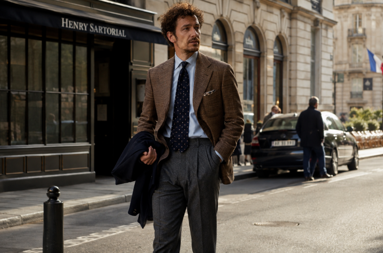 Homme élégant en veste marron et pantalon gris dans une rue parisienne