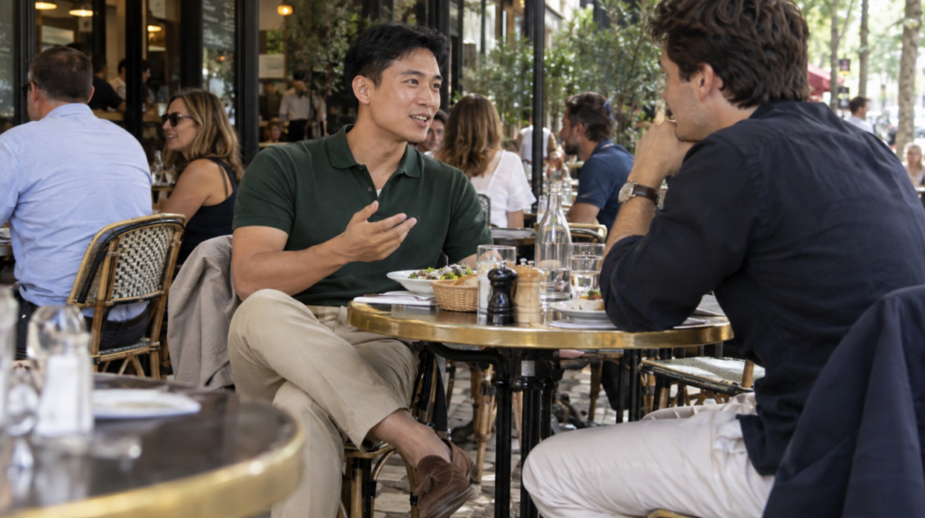Homme portant un polo sobre lors d’un déjeuner en brasserie