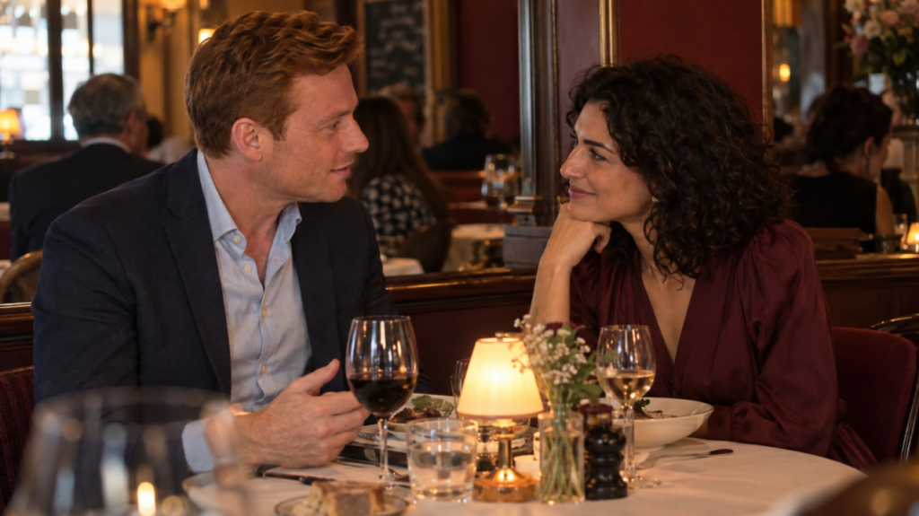 Couple élégamment vêtu partageant un dîner au restaurant