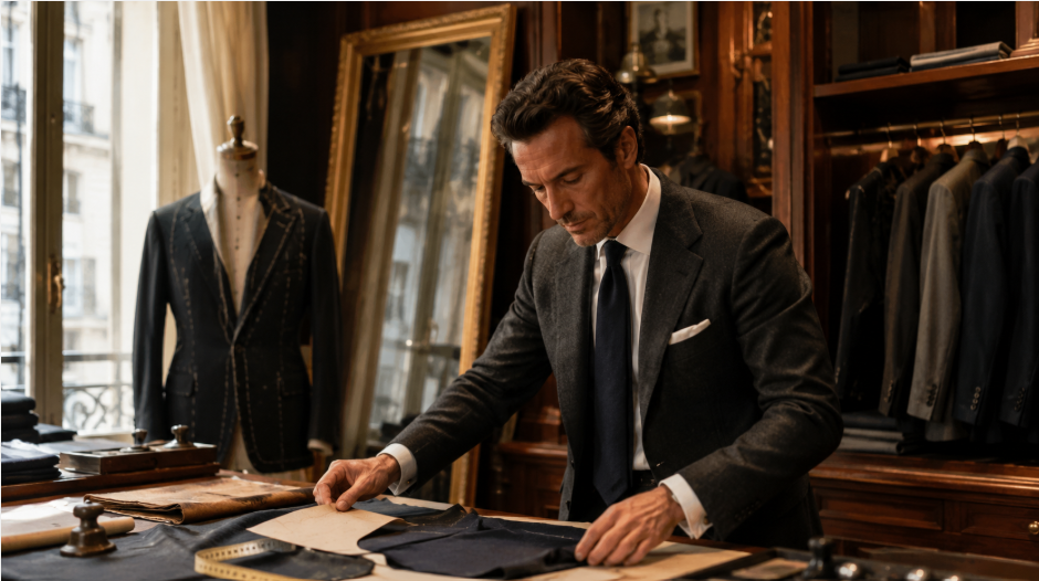Tailleur élégant préparant un costume sur mesure dans un atelier raffiné