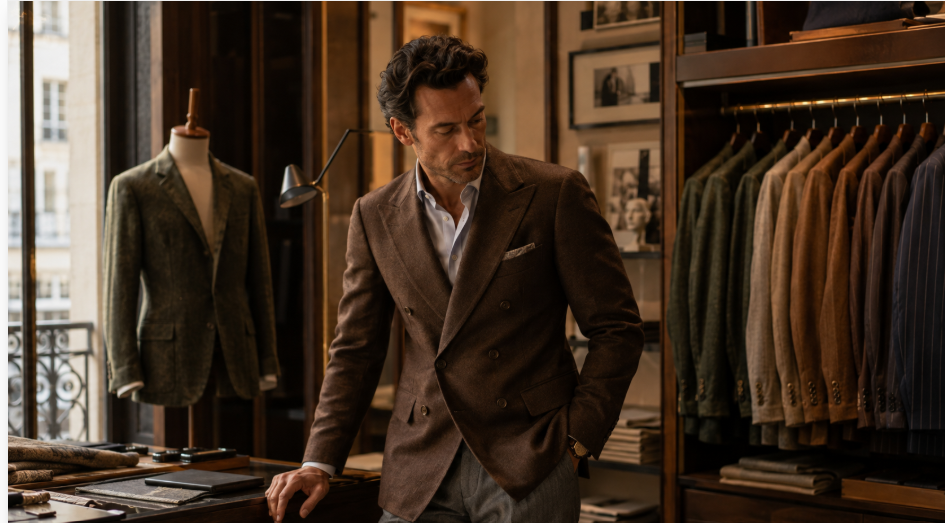 Homme portant un costume croisé brun dans une boutique de vêtements sartoriaux