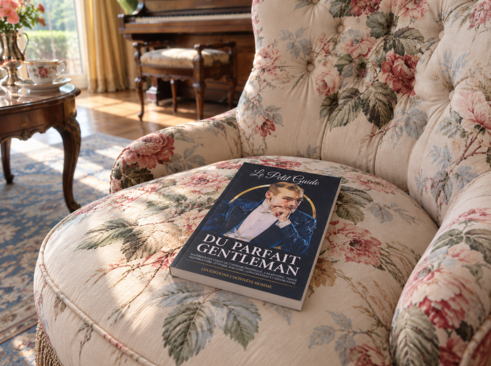 Le Petit Guide du parfait gentleman posé sur un fauteuil fleuri dans un salon élégant