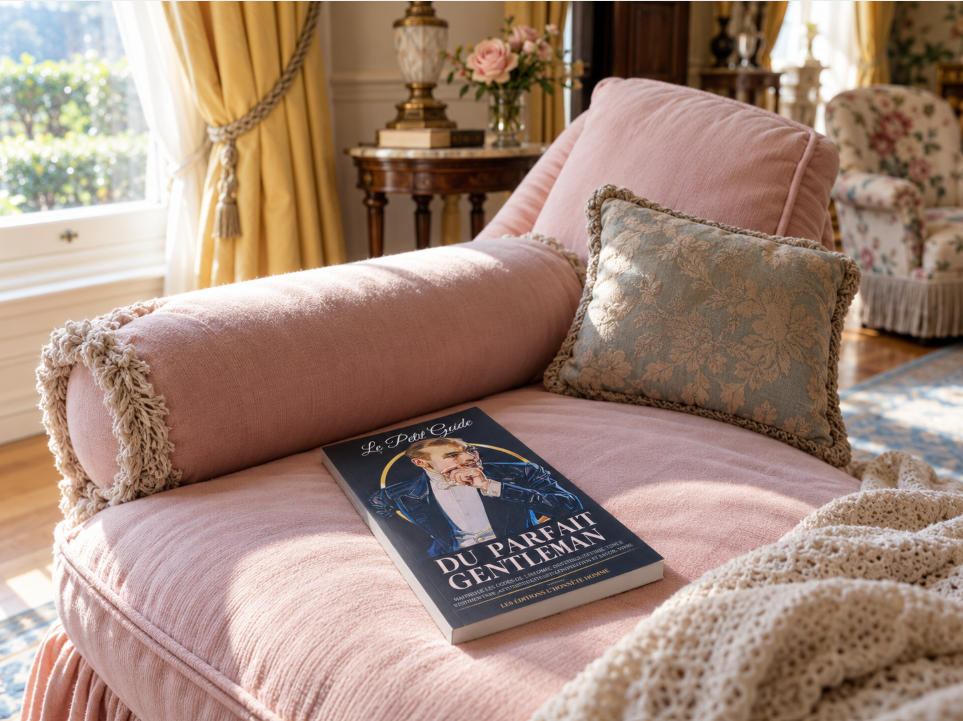Le Petit Guide du parfait gentleman posé sur une méridienne rose dans un salon classique