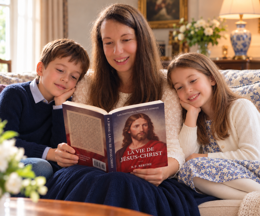 Une mère lit La Vie de Jésus-Christ de R.P. Berthe version broché avec ses enfants