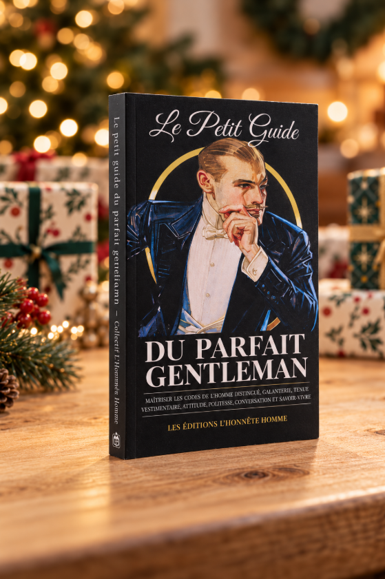 Le Petit Guide du Parfait Gentleman posé debout sur une table en bois, avec cadeaux et décor de Noël en arrière-plan