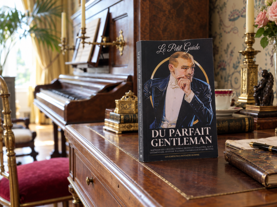 Le Petit Guide du parfait gentleman présenté debout sur un bureau ancien, avec un piano en arrière-plan