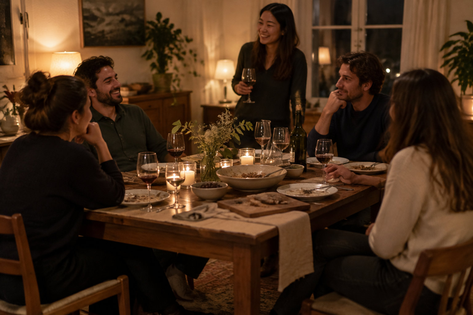 Cinq personnes dînent autour d’une table éclairée par des bougies, avec des verres, des assiettes et une bouteille.