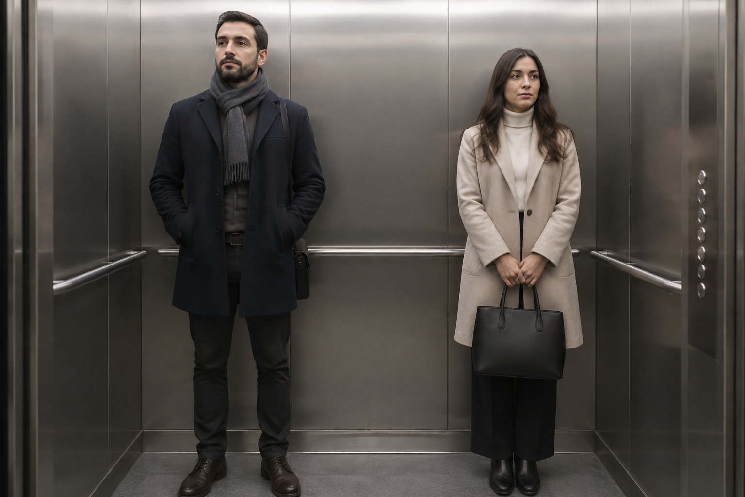 Un homme et une femme se tiennent &agrave; distance dans un ascenseur m&eacute;tallique, la femme tenant un sac &agrave; main noir.