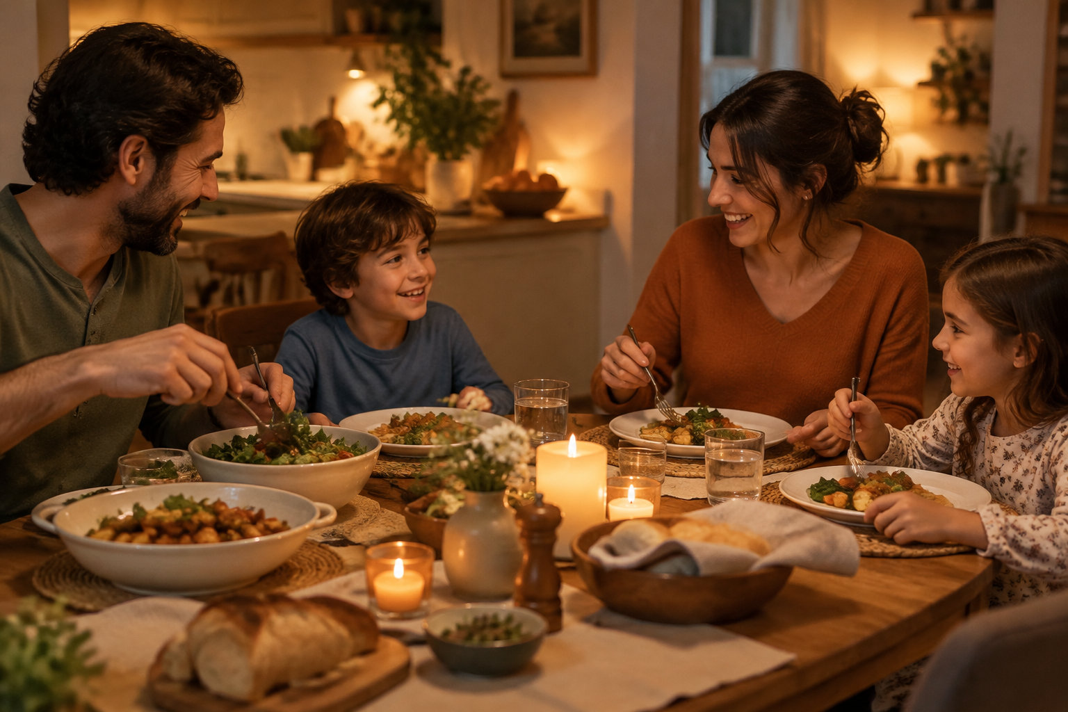 Une famille souriante partage un repas à une table éclairée par des bougies.