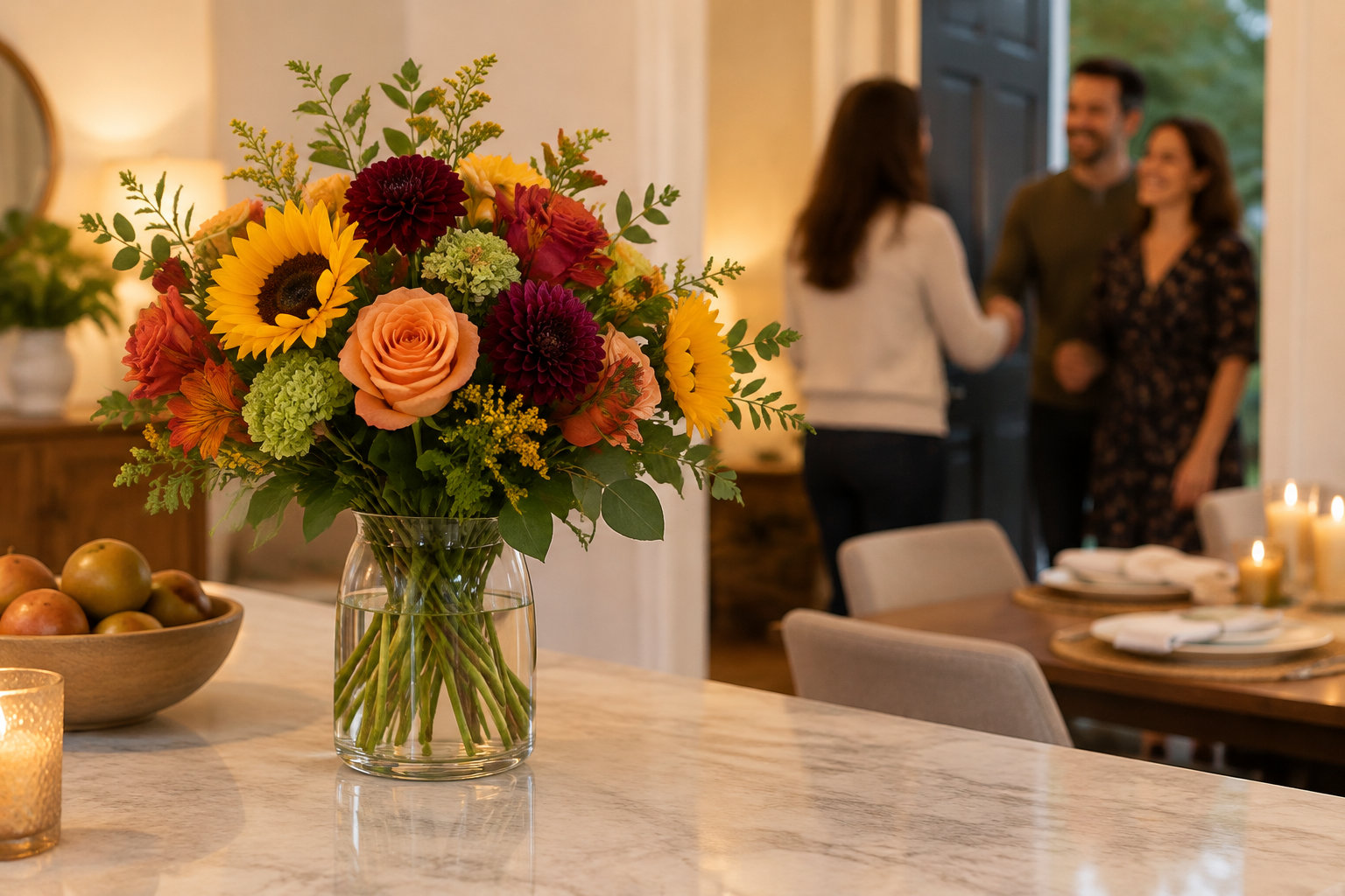 Un grand bouquet coloré dans un vase en verre est posé sur un comptoir, tandis qu’une femme accueille un couple près d’une table dressée aux chandelles.