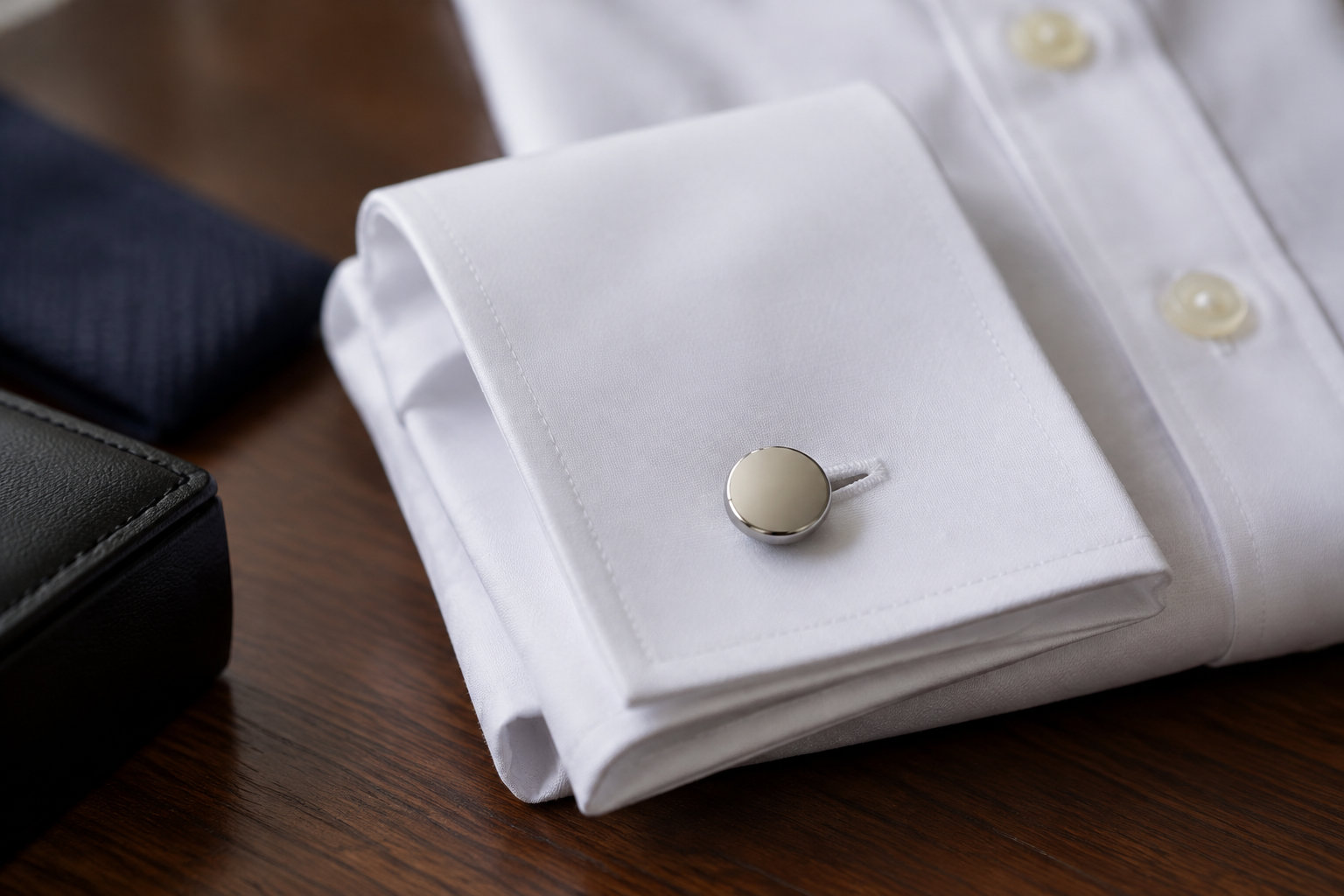 Une chemise blanche pliée avec un bouton de manchette argenté repose sur une table en bois, à côté d’un portefeuille noir.