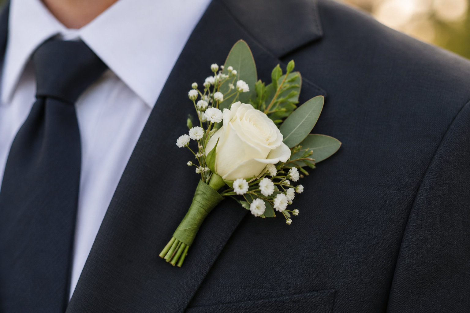 Une rose blanche entourée de petites fleurs et de feuillage est épinglée au revers d’un costume noir.